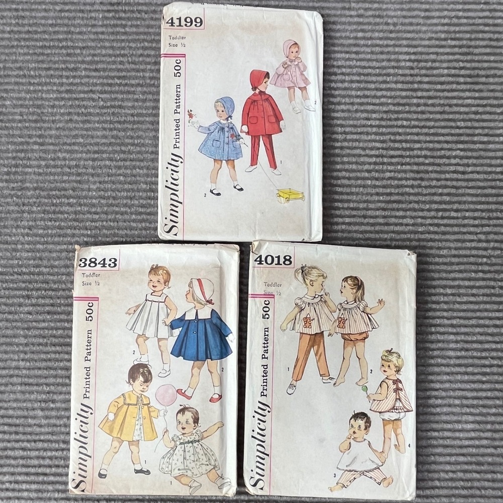 Lot 3 Vintage Simplicity Sewing Patterns Toddler Size 1/2 4199 3843 4018 1950-60